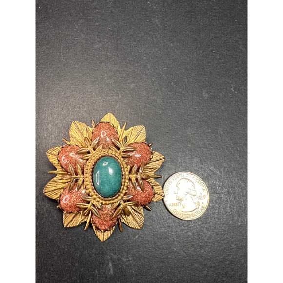 Vintage DeNicola Style Floral Brooch Gold Tone Faux Turquoise Glitter Cab - Picture 4 of 10